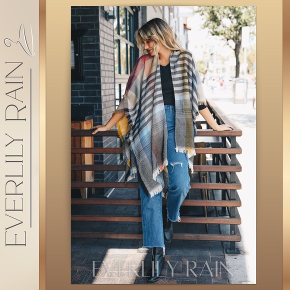 CLEARANCE! LAST 1 Colorful Plaid Wrap Style Poncho - Picture 3 of 12